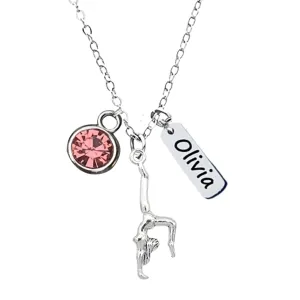 Personalized Gymnastics Necklace with Name Engraved & Birthstone Charm, Custom Gymnast Jewelry, Gift for Gymnasts