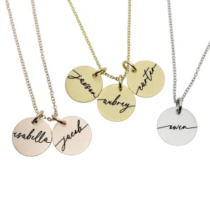 Personalized Name Necklaces, Round Disc Pendants, Engraved, Silver, Rose Gold, Gold, Custom Gift For Women
