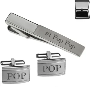 Personalized Silver Contemporary Two Tone Cufflinks & Tie Clip Set Custom Engraved Free - Ships from USA