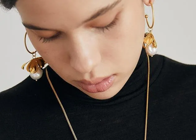 Petals and Pearl Gold Hoop Earrings with Removable Charm