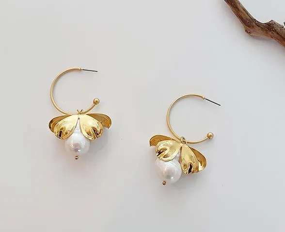 Petals and Pearl Gold Hoop Earrings with Removable Charm