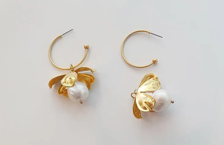 Petals and Pearl Gold Hoop Earrings with Removable Charm