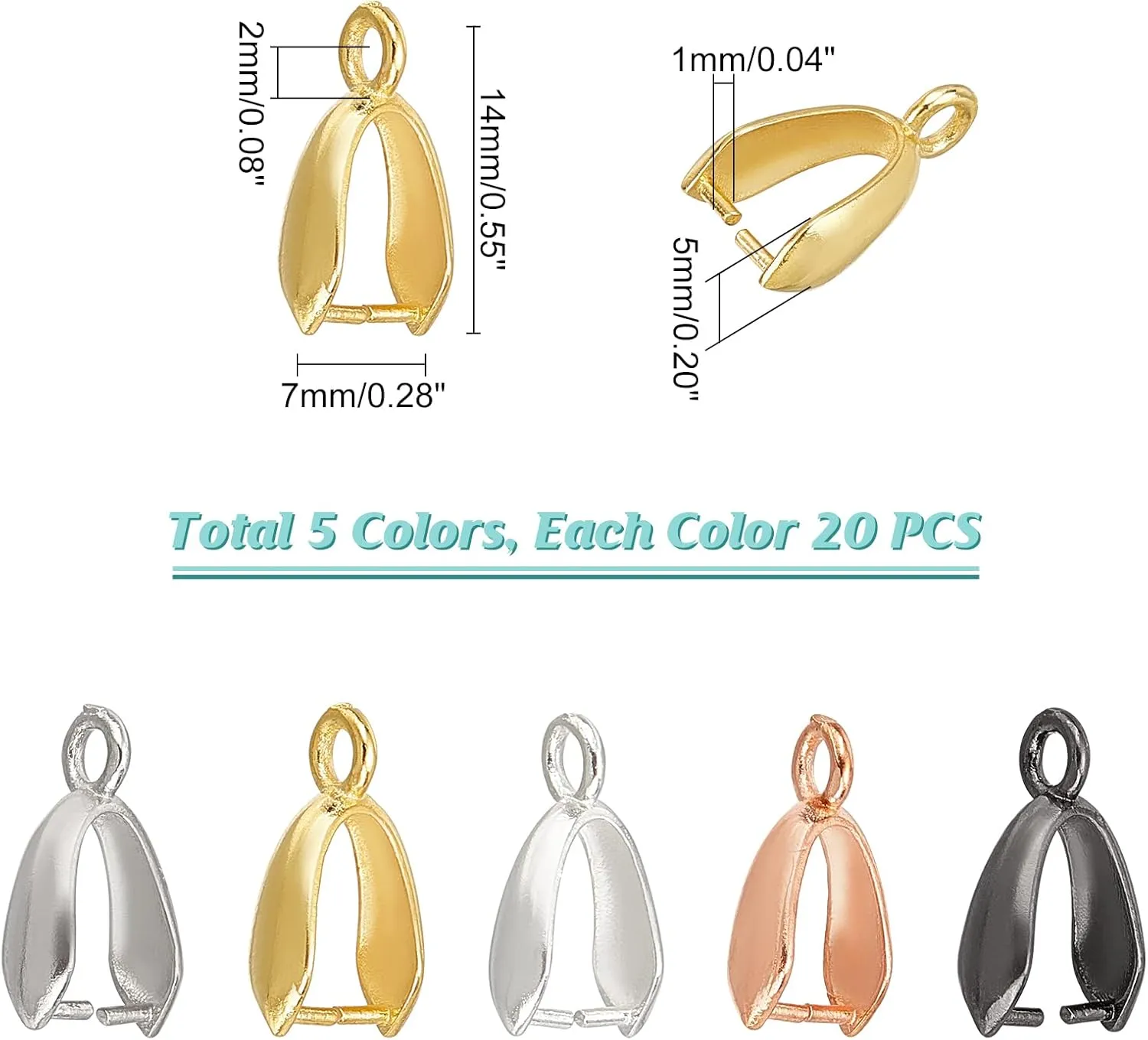 PH PandaHall About 100 Pieces Brass Pinch Clip Bail Clasp Dangle Charm Bead Pendant Connector Findings 14x7x5mm for Jewelry Making 5 Colors