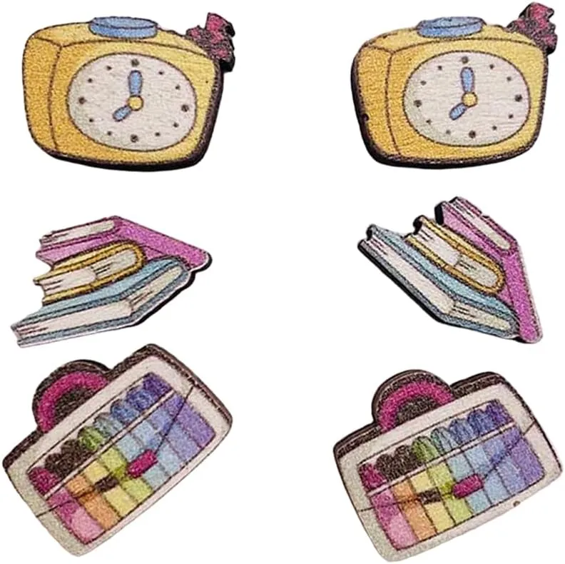 Pingyongchang 3 Pairs Teacher Stud Wood Earrings Cute Handmade Stationery Book Stapler Pencil Crayon Wooden Student Earrings for Women Back to School Jewelry Teacher Graduation Gift
