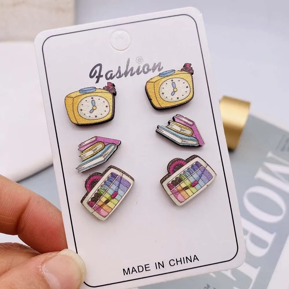 Pingyongchang 3 Pairs Teacher Stud Wood Earrings Cute Handmade Stationery Book Stapler Pencil Crayon Wooden Student Earrings for Women Back to School Jewelry Teacher Graduation Gift