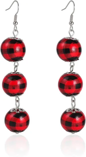 Pingyongchang Cute Christmas Buffalo Plaid Ball Wood Earrings Vintage Handmade Lightweight Tassel Circle Round Beads Wooden Earring for Women Xmas Holiday Party Jewelry Gift