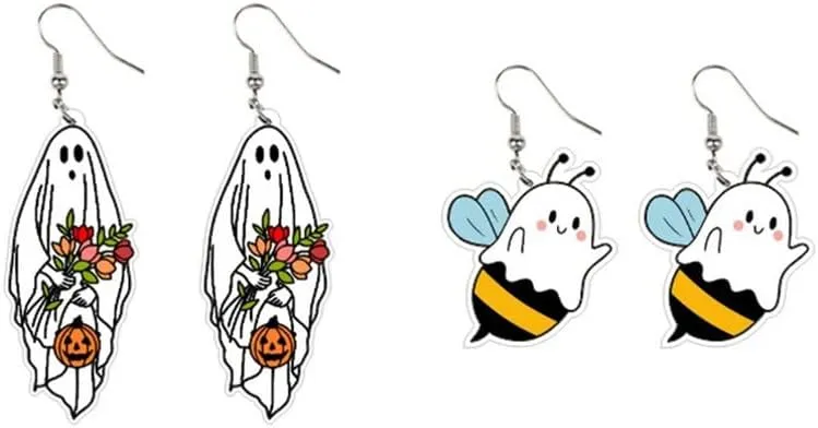 Pingyongchang Cute Halloween Theme Earrings Funny Acrylic Cartoon Cat Pumpkin Ghost Rainbow Dangle Drop Earrings for Women Halloween Costume Party Jewelry Accessories Gift