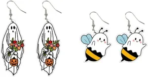 Pingyongchang Cute Halloween Theme Earrings Funny Acrylic Cartoon Cat Pumpkin Ghost Rainbow Dangle Drop Earrings for Women Halloween Costume Party Jewelry Accessories Gift