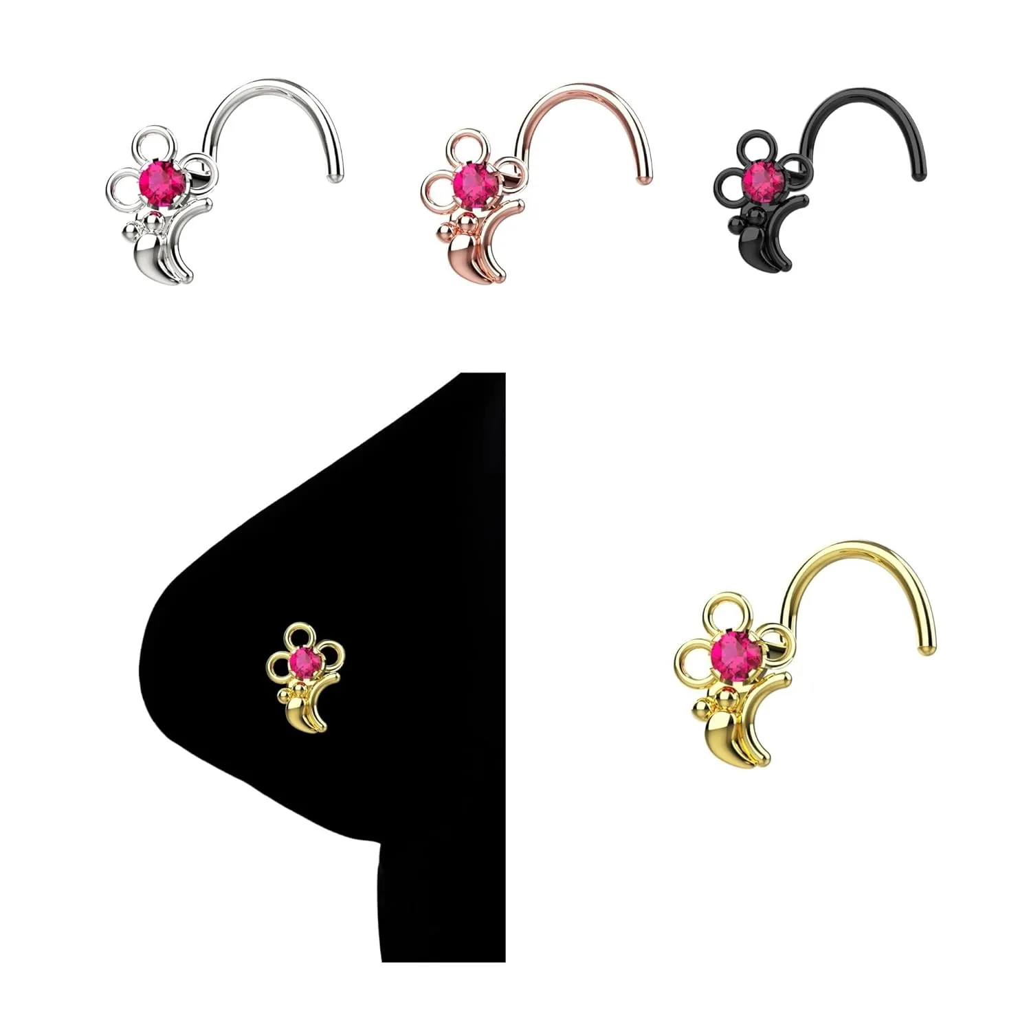 Pink CZ Diamond Nostril Nose Piercing Jewelry18G Corkscrew Nose Ring L Shaped Nose Rings Studs