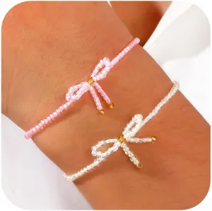 Pink White Bow Seed Beaded Bracelets Set for Women,Cute Boho Small Beads Handmade Stack Adjustable Friendship Ribbon Bracelet Holiday Prom Fashion Jewelry Gift.