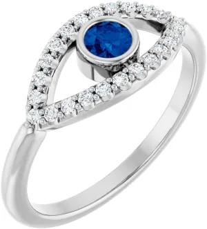 Platinum Blue Sapphire and White Sapphire Evil Eye Religious Fashion Ring Fine Jewelry For Women Gifts For Her, Size 7