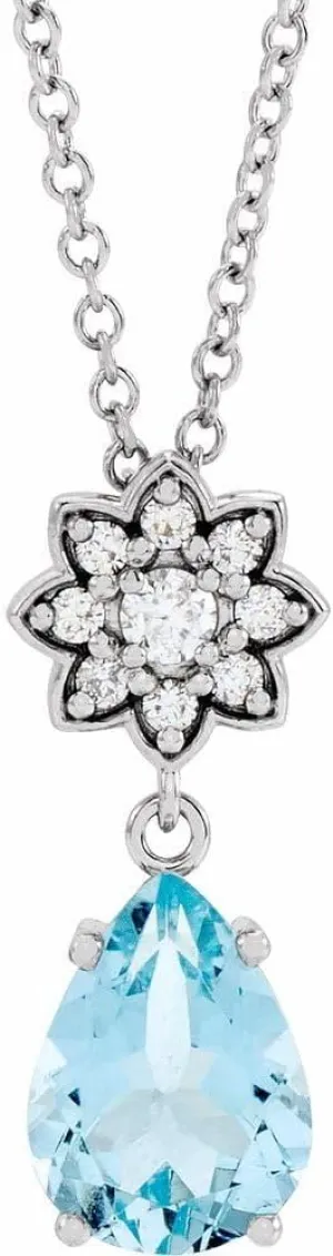Platinum Pear Shape Aquamarine and .08 cttw Diamond Floral-Inspired Cluster Necklace Fine Jewelry for Women Gifts for Her (17.25x7mm, G-H, SI2-SI3), 16-18"