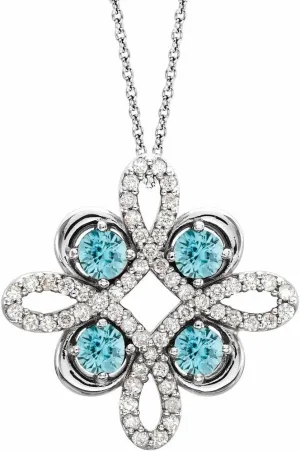 Platinum Round Shape Blue Zircon and 1/6 cttw Diamond Clover Necklace Fine Jewelry for Women Gifts for Her (15.5x15.5mm), 16-18"