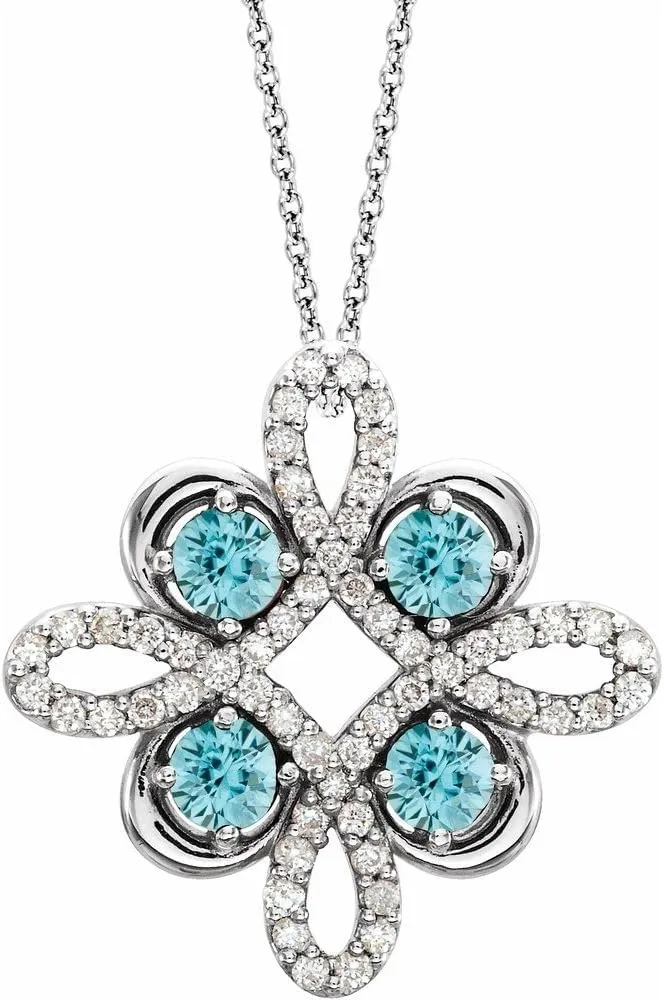 Platinum Round Shape Blue Zircon and 1/6 cttw Diamond Clover Necklace Fine Jewelry for Women Gifts for Her (15.5x15.5mm), 16-18"