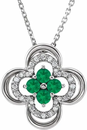 Platinum Round Shape Lab-Grown Emerald and 1/10 cttw Diamond Clover Necklace Fine Jewelry for Women Gifts for Her (12.5x12.5mm, G-H, SI2-SI3), 18"