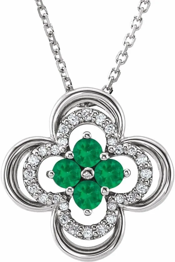 Platinum Round Shape Lab-Grown Emerald and 1/10 cttw Diamond Clover Necklace Fine Jewelry for Women Gifts for Her (12.5x12.5mm, G-H, SI2-SI3), 18"