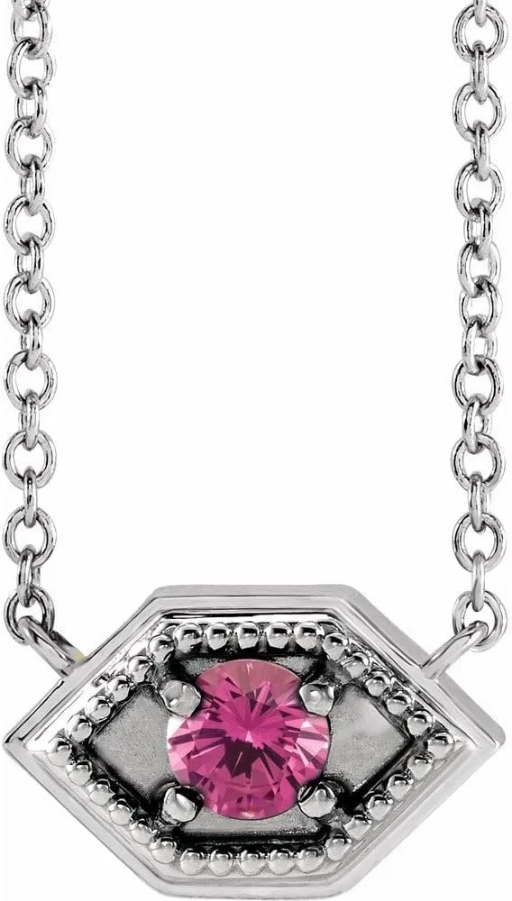 Platinum Round Shape Pink Sapphire Geometric Necklace Fine Jewelry for Women Gifts for Her (13.01x8.06mm), 18"