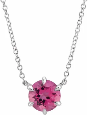 Platinum Round Shape Pink Tourmaline Solitaire Necklace Fine Jewelry for Women Gifts for Her (7.45mm), 16"