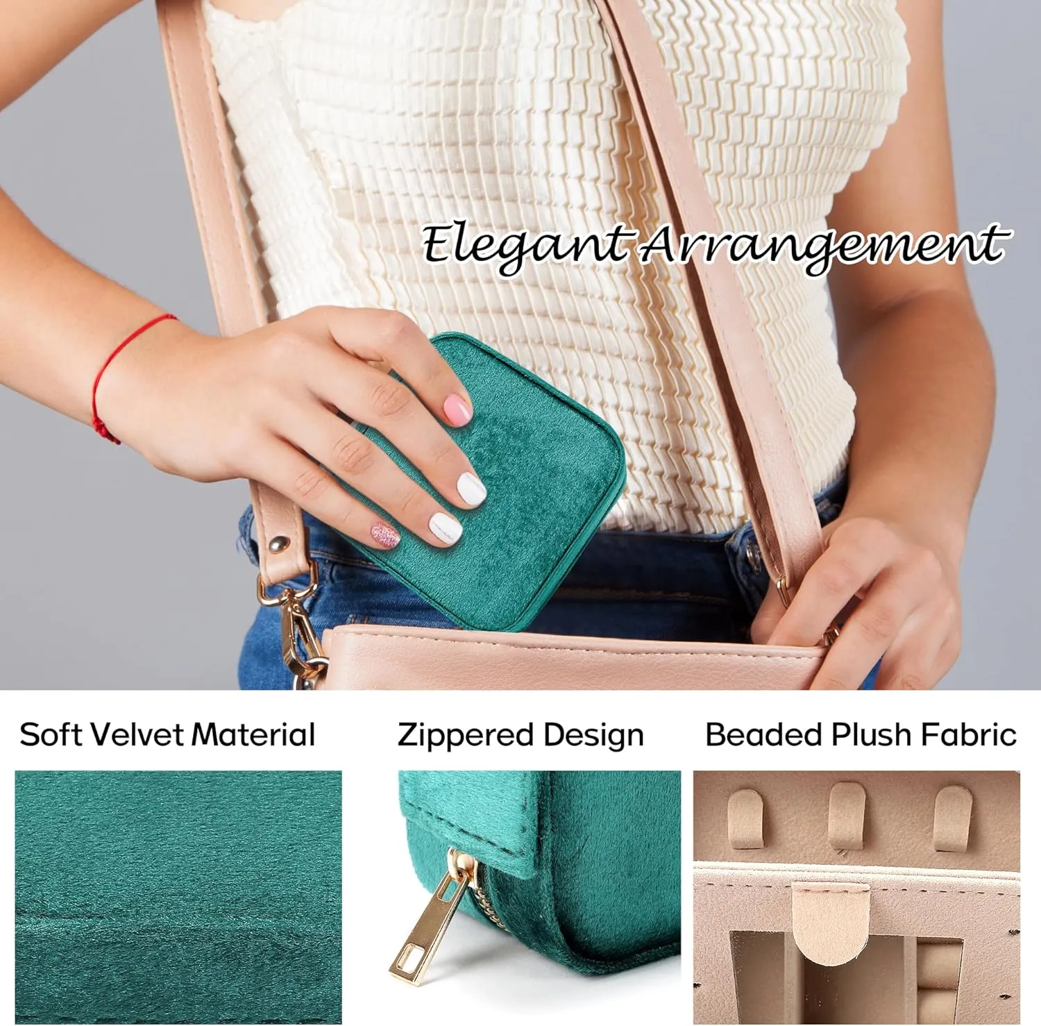 Plush Velvet Travel Jewelry Box for Women & Girls - Small Portable Organizer, Storage Case for Rings, Earrings, Necklaces & Bracelets  Ideal Gift for Travel & Occasions (Green)