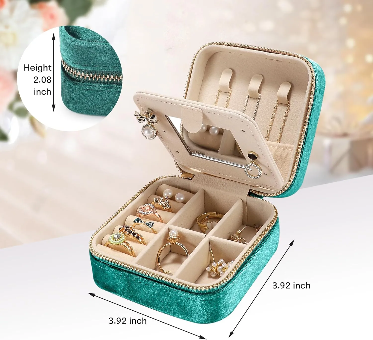 Plush Velvet Travel Jewelry Box for Women & Girls - Small Portable Organizer, Storage Case for Rings, Earrings, Necklaces & Bracelets  Ideal Gift for Travel & Occasions (Green)