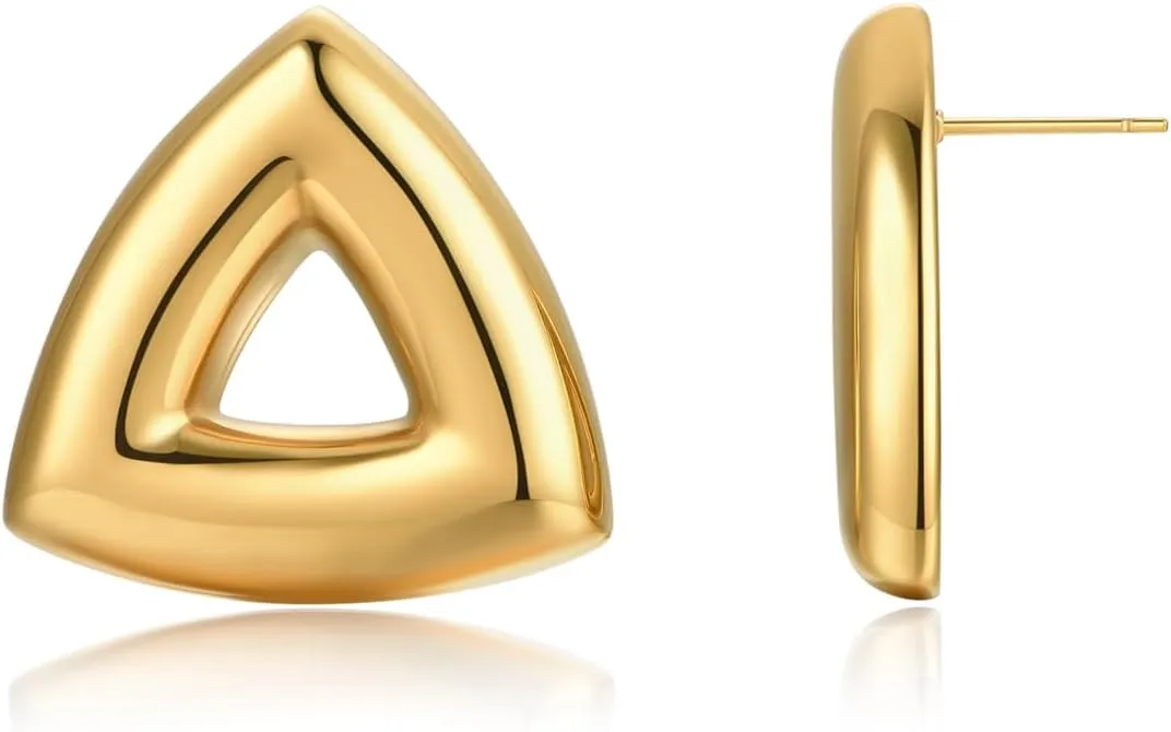 Polished 18K Gold Plated Triangle Stud Earrings for Women Delicate Hollow Geometric Earrings Chunky Statement Jewelry