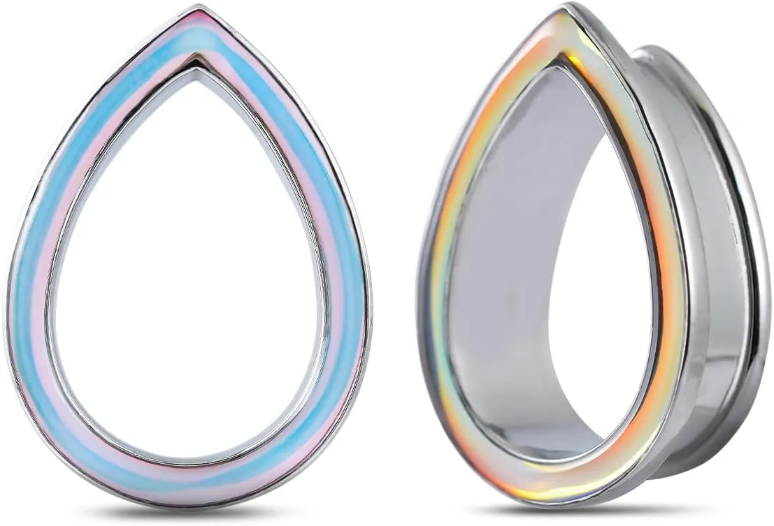 PONWAG 1 Pair 6mm-25mm Ear Gauge Teardrop Colour Opal Double Flared Plug Tunnels For Stretched Ears Stainless Steel Saddle Plug Gauges Women Body Piercing Jewelry