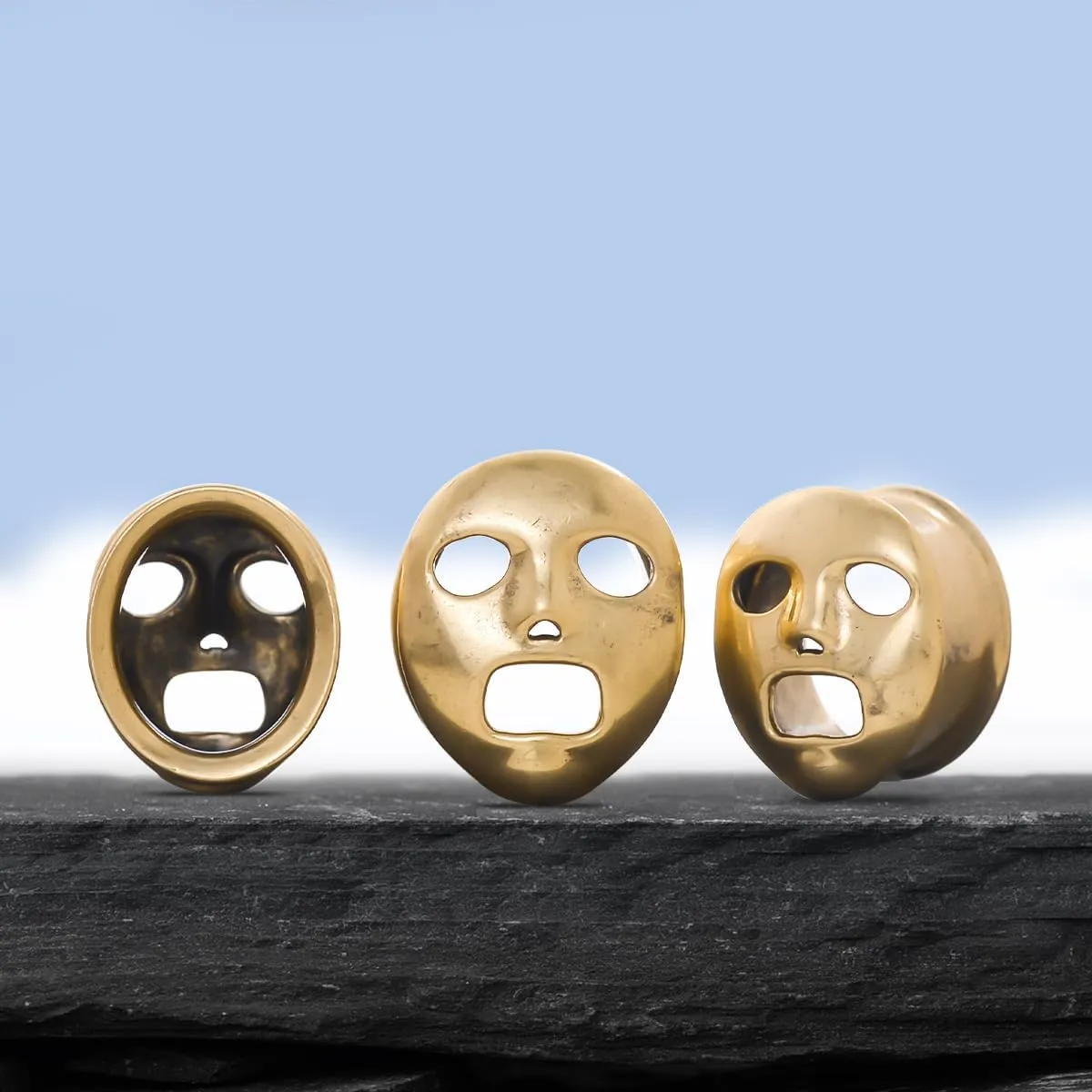PONWAG 2PCS Brass Double Flared Plug Gauge for Face Mask - Cool Tunnels, Punk Unique Stretcher Expander - Ear Body Piercing Jewelry for Women and Men