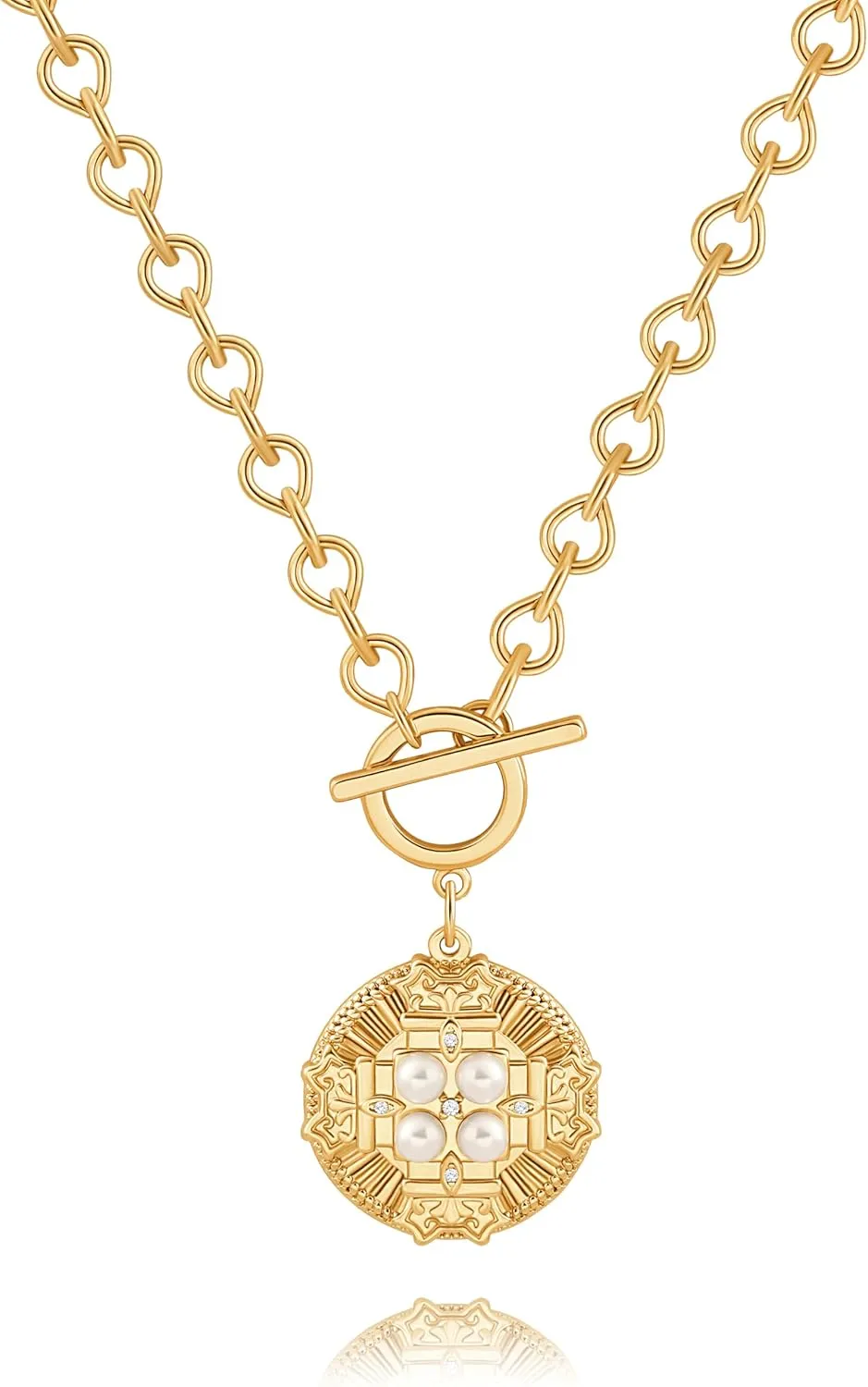 POTESSA 18K Gold Plated Pendant Necklace Medallion Coin Y Shaped Chain Toggle Necklace for Women Trendy Jewelry