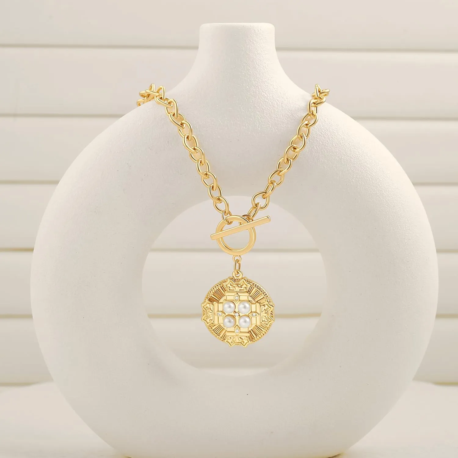 POTESSA 18K Gold Plated Pendant Necklace Medallion Coin Y Shaped Chain Toggle Necklace for Women Trendy Jewelry