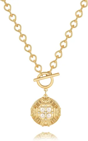 POTESSA 18K Gold Plated Pendant Necklace Medallion Coin Y Shaped Chain Toggle Necklace for Women Trendy Jewelry