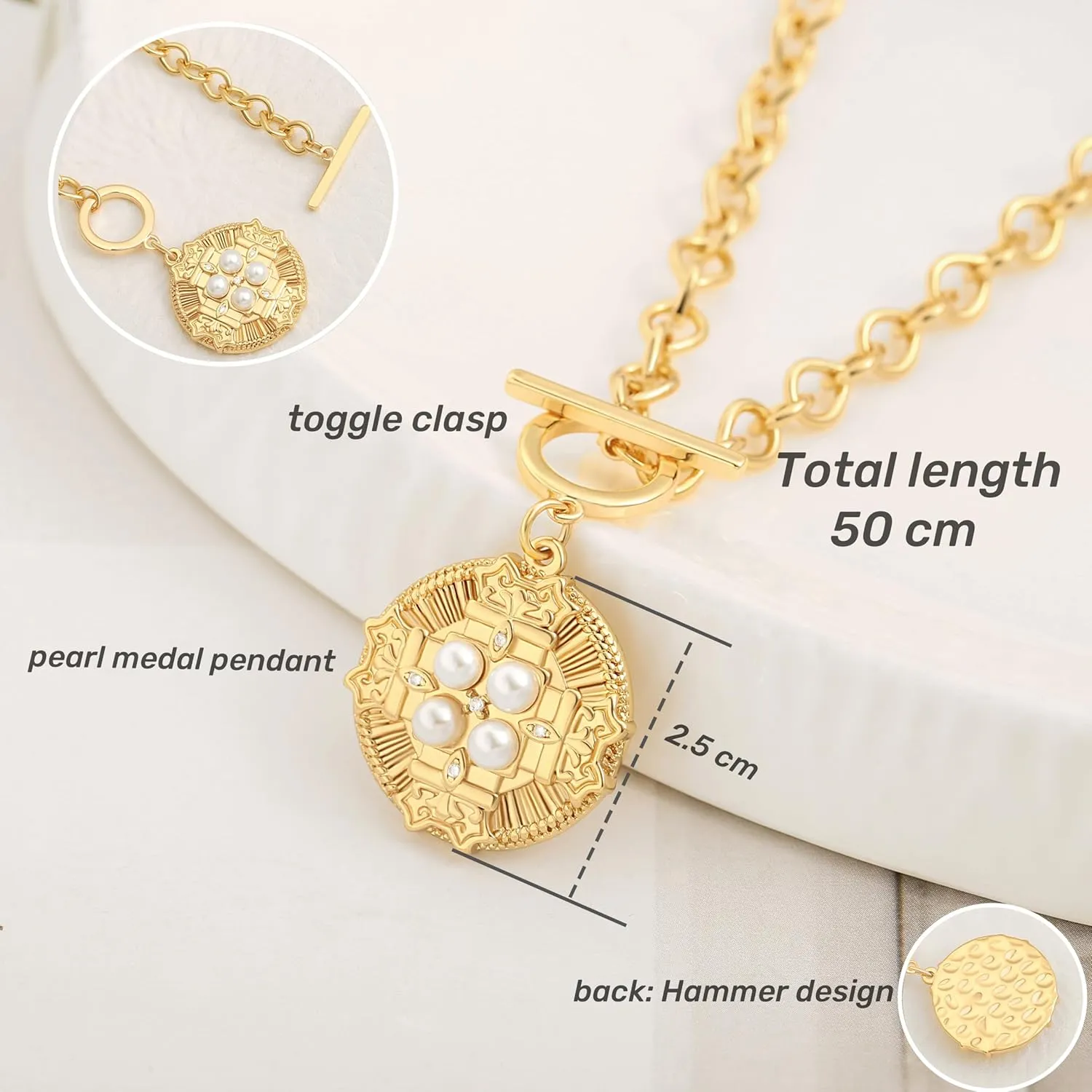POTESSA 18K Gold Plated Pendant Necklace Medallion Coin Y Shaped Chain Toggle Necklace for Women Trendy Jewelry