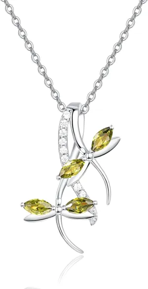 PRAYMOS Birthstone August Green Peridot 925 Sterling Silver Dragonfly Necklace for Women Dreamy Dragon fly Pendant Dragonfly Jewelry Birthday Gifts