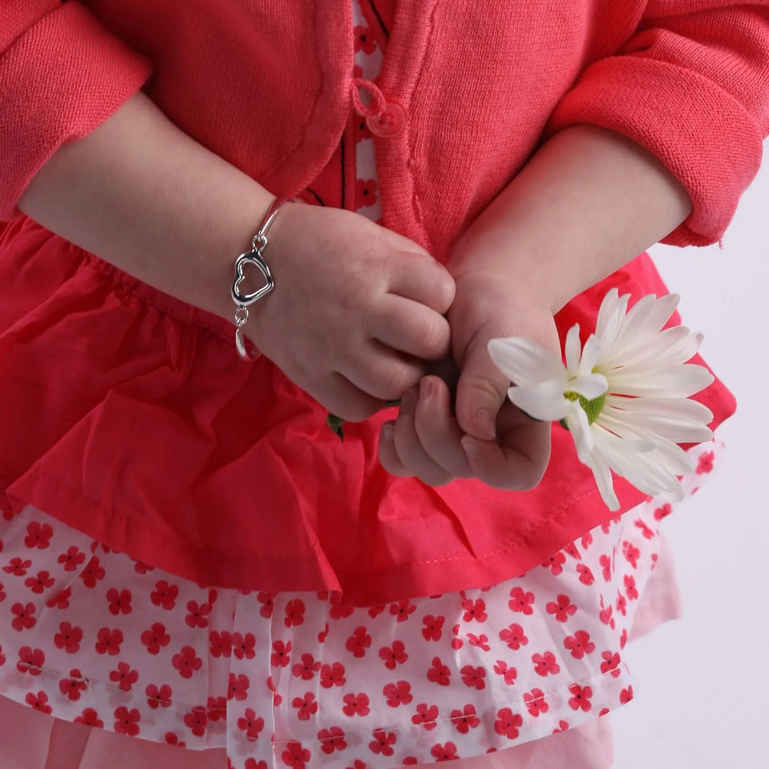 Precious Pieces Children's Sterling Silver Open and Adjustable Heart Bangle Bracelet for Girls