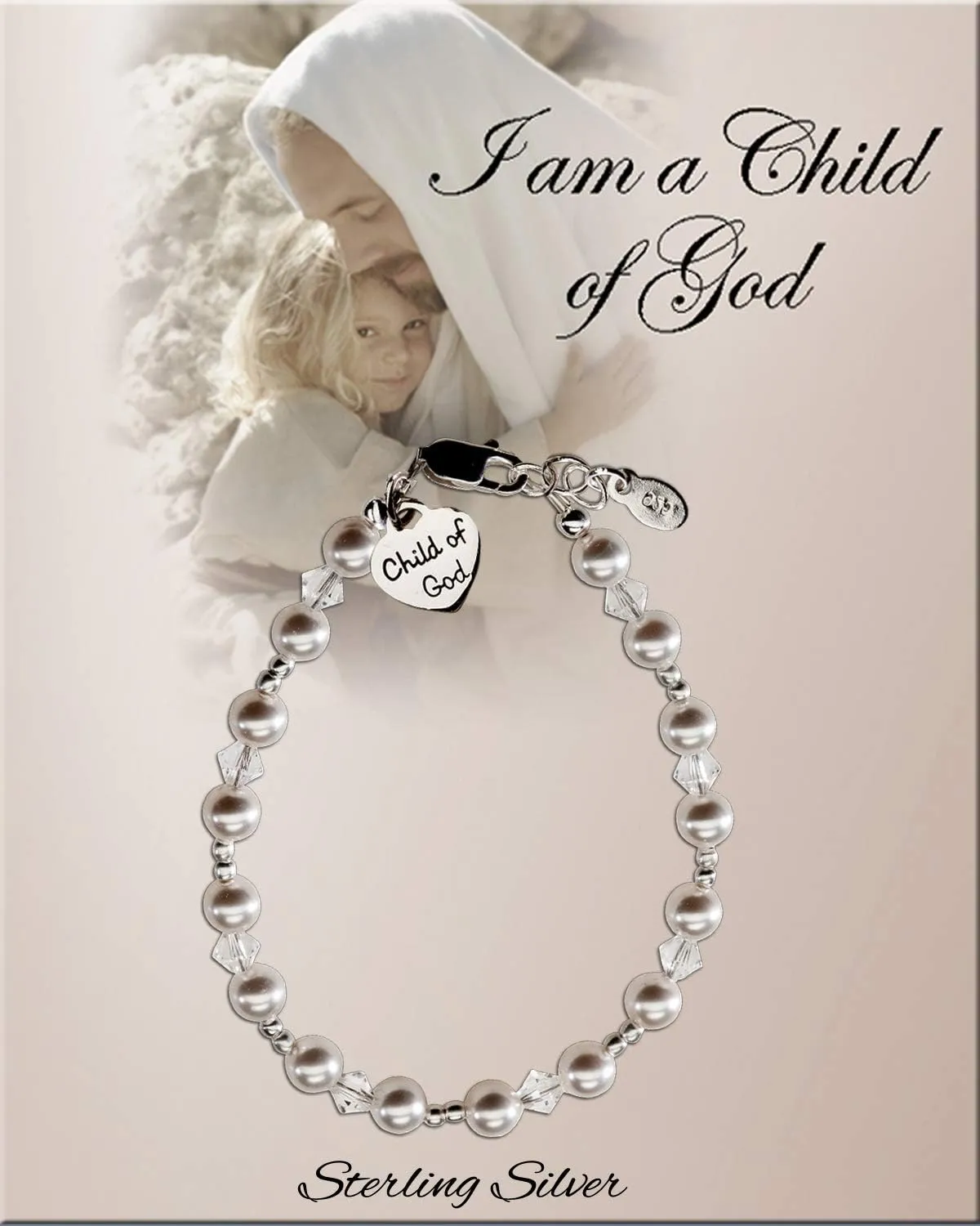 Precious Pieces Children's Sterling Silver "Child of God" Heart Charm Bracelet with High-End Simulated Pearls Baptism or First Communion Gift
