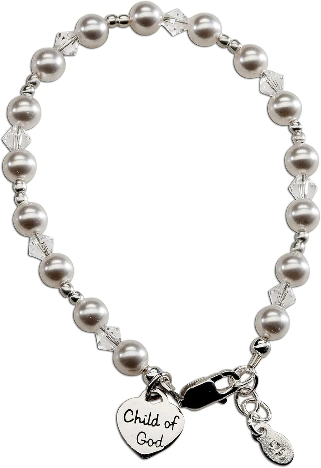 Precious Pieces Children's Sterling Silver "Child of God" Heart Charm Bracelet with High-End Simulated Pearls Baptism or First Communion Gift