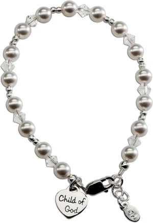 Precious Pieces Children's Sterling Silver "Child of God" Heart Charm Bracelet with High-End Simulated Pearls Baptism or First Communion Gift