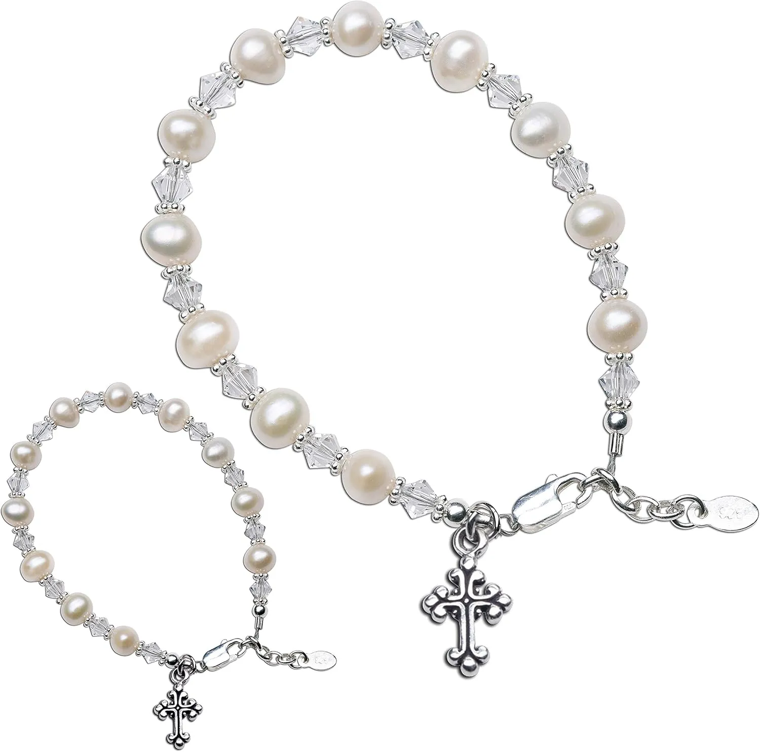 Precious Pieces Sterling Silver Cross "Mom and Me" Cultured Pearl Bracelet Set with High-End Crystal for Mother-Daughter