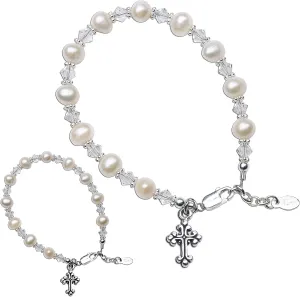 Precious Pieces Sterling Silver Cross "Mom and Me" Cultured Pearl Bracelet Set with High-End Crystal for Mother-Daughter