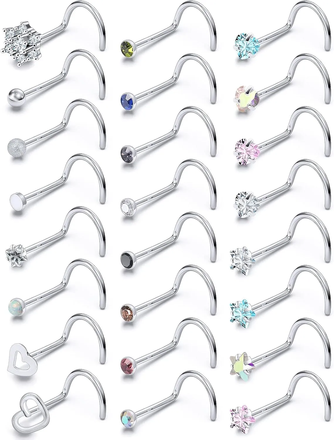 Prjndjw 44pcs 18G 20G Nose Rings Studs Nose Rings for Women Nose Piercings Jewelry Surgical Stainless Steel Straight Nose Studs Moon Star Heart Butterfly Hypoallergenic for Men