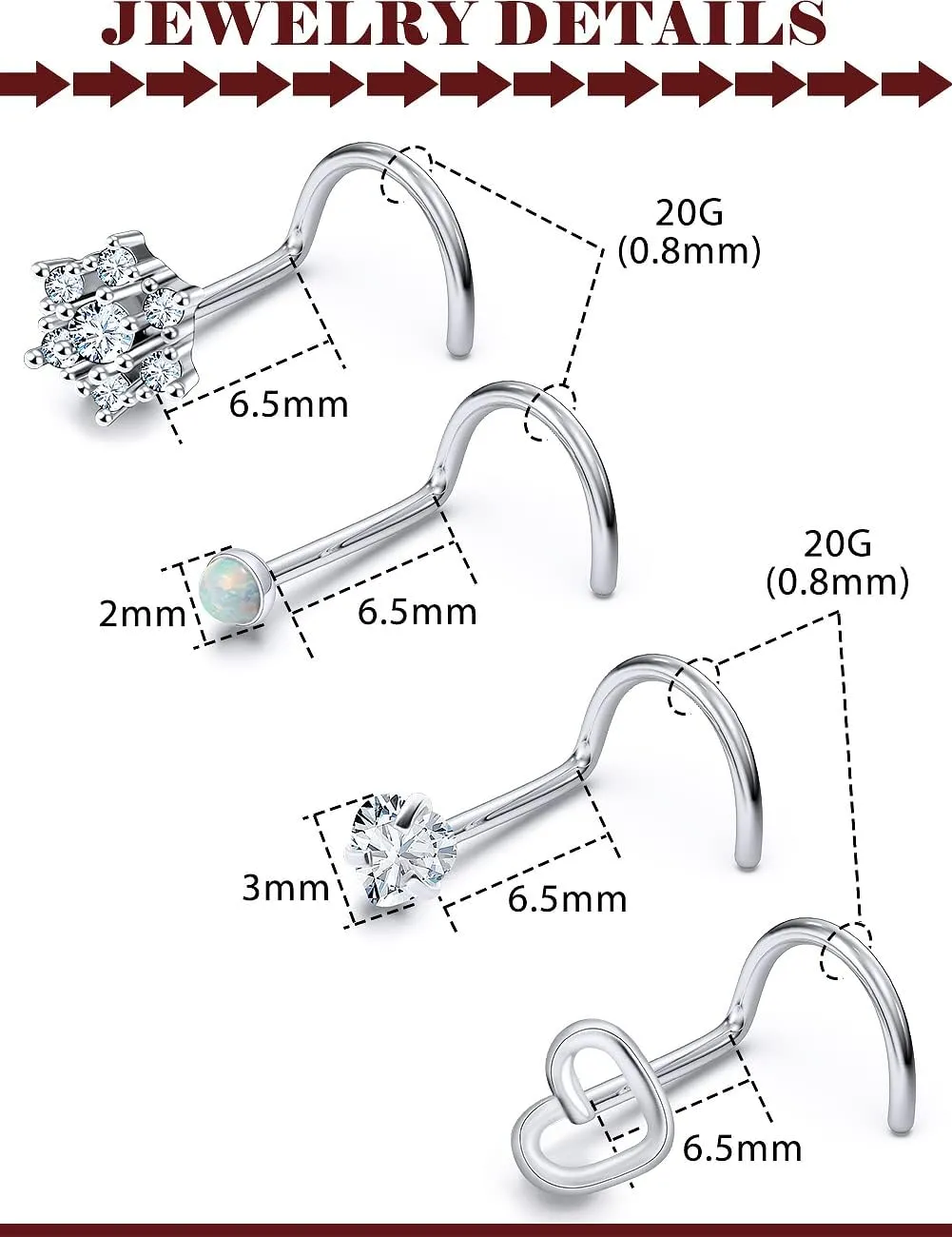 Prjndjw 44pcs 18G 20G Nose Rings Studs Nose Rings for Women Nose Piercings Jewelry Surgical Stainless Steel Straight Nose Studs Moon Star Heart Butterfly Hypoallergenic for Men