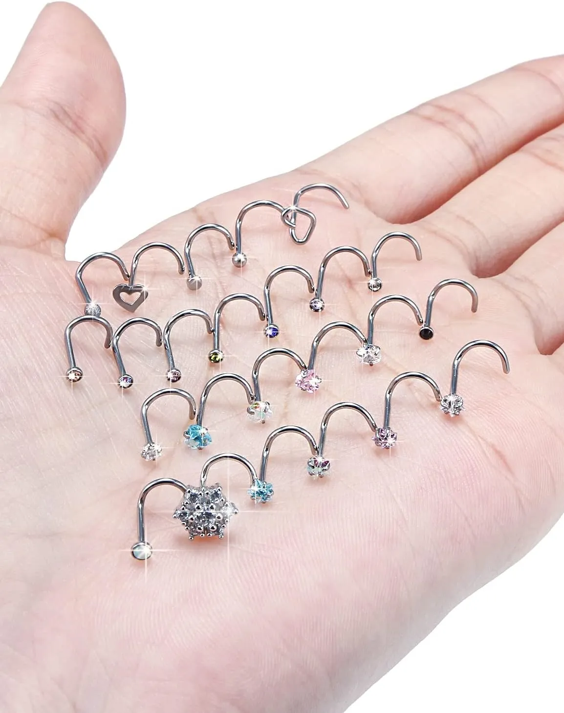 Prjndjw 44pcs 18G 20G Nose Rings Studs Nose Rings for Women Nose Piercings Jewelry Surgical Stainless Steel Straight Nose Studs Moon Star Heart Butterfly Hypoallergenic for Men