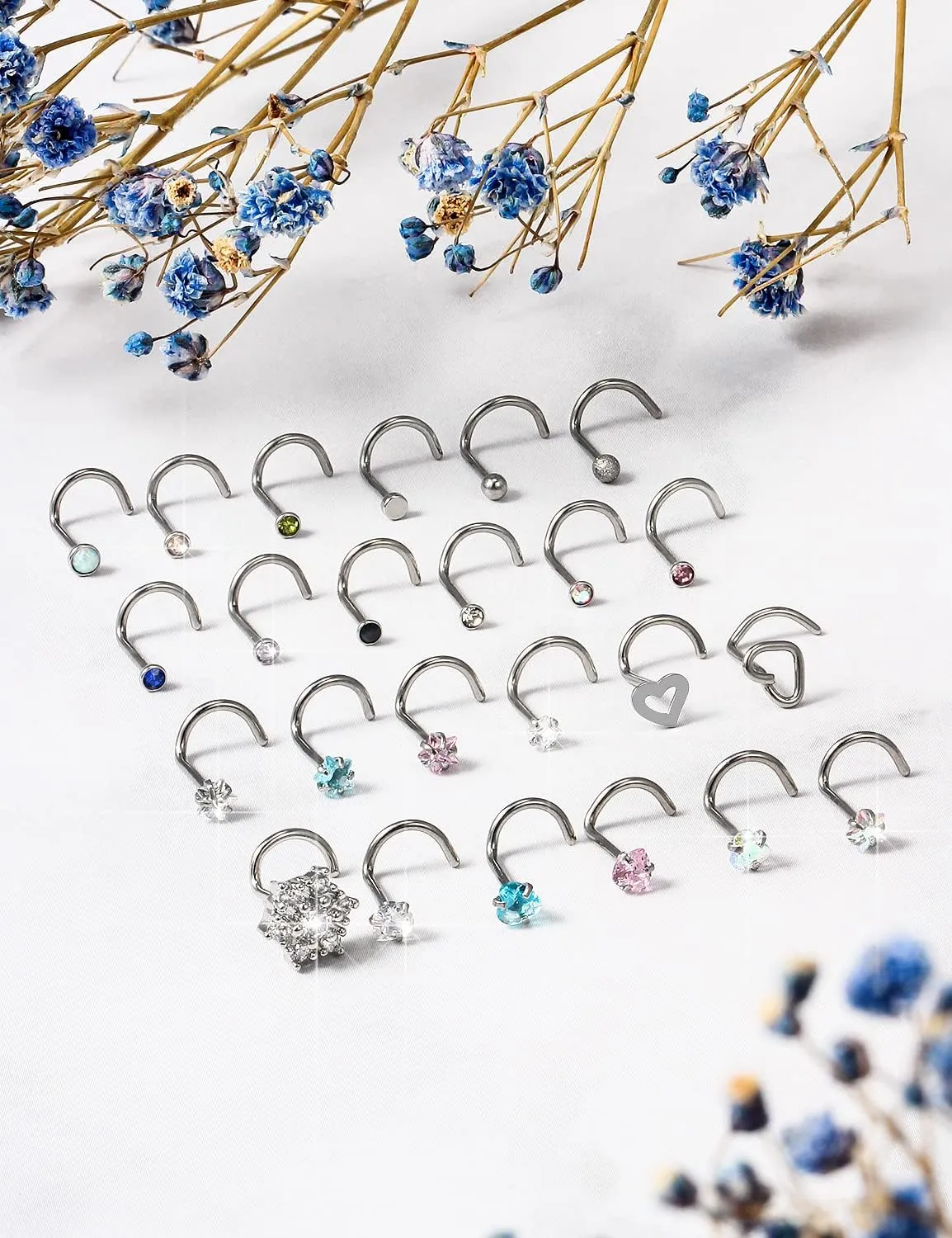 Prjndjw 44pcs 18G 20G Nose Rings Studs Nose Rings for Women Nose Piercings Jewelry Surgical Stainless Steel Straight Nose Studs Moon Star Heart Butterfly Hypoallergenic for Men