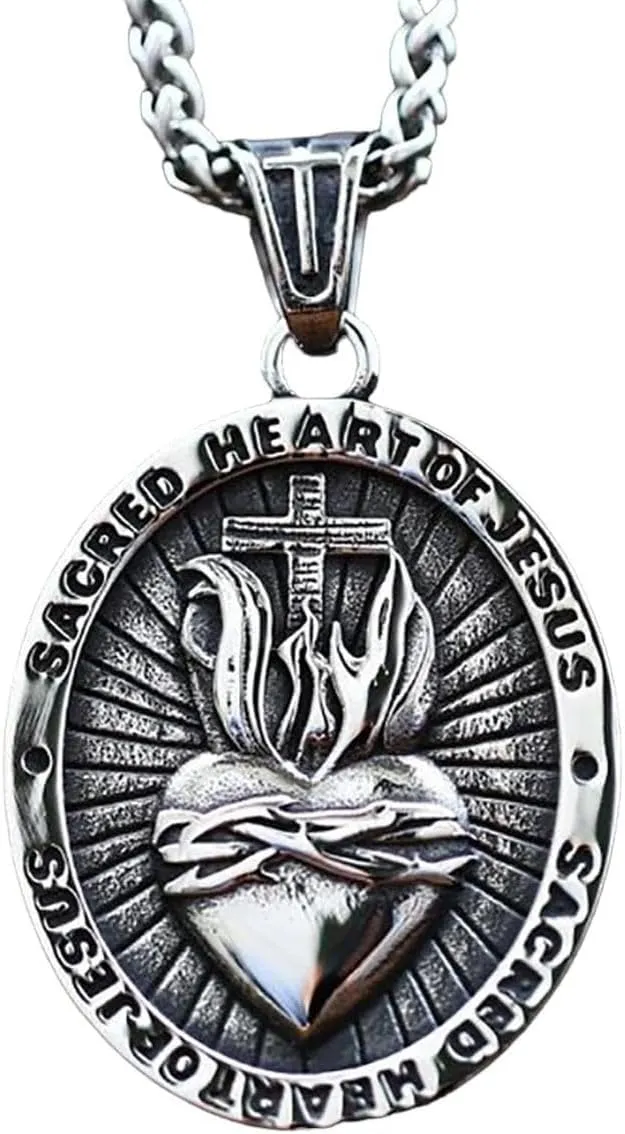 Punk Vintage Stainless Steel Sacred Heart Of Jesus Pendant For Men Women Unique Creative Religiou Cross Necklace Fashion Jewelry, As Pic