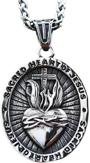 Punk Vintage Stainless Steel Sacred Heart Of Jesus Pendant For Men Women Unique Creative Religiou Cross Necklace Fashion Jewelry, As Pic