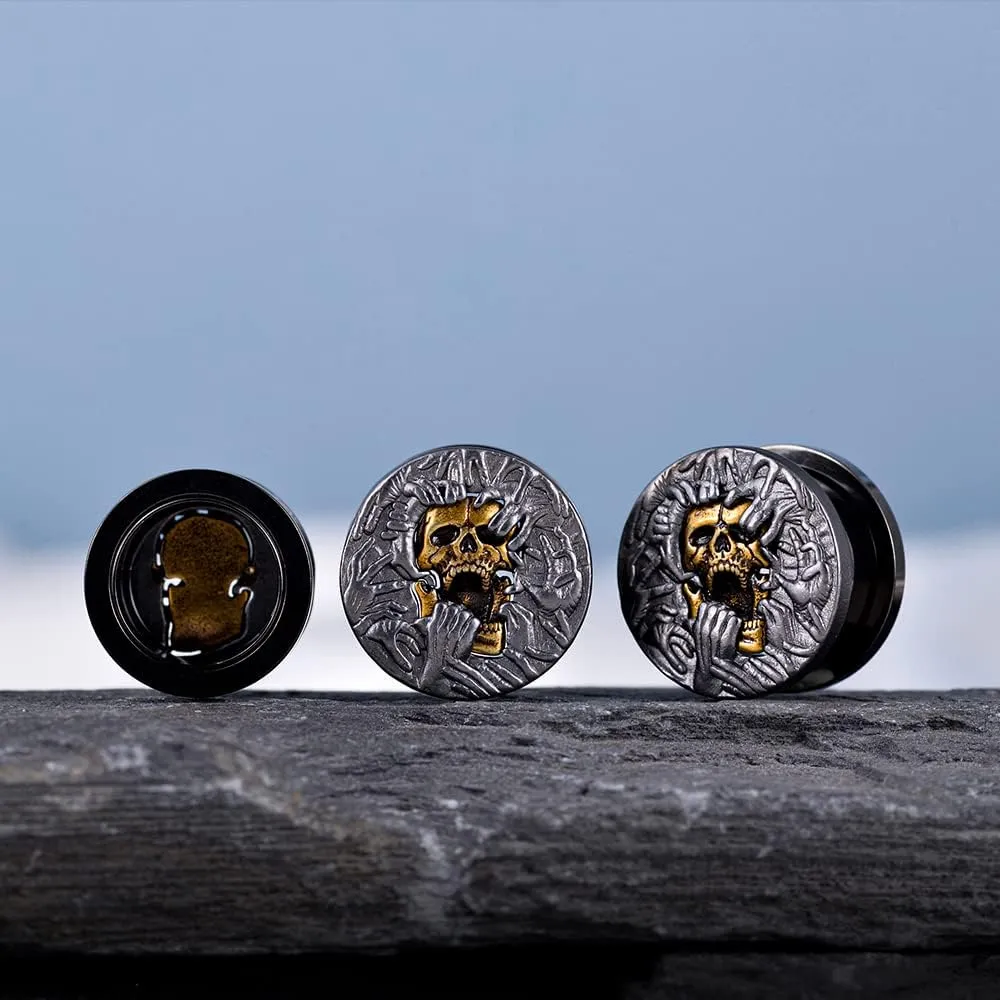 PUNKYOUTH 2PCS Cool Ear Gauges Gothic Skull Flesh Tunnels Screw Fit Plugs For Stretched Ears Expander Hanger Piercing Jewelry 0g to 1 inch