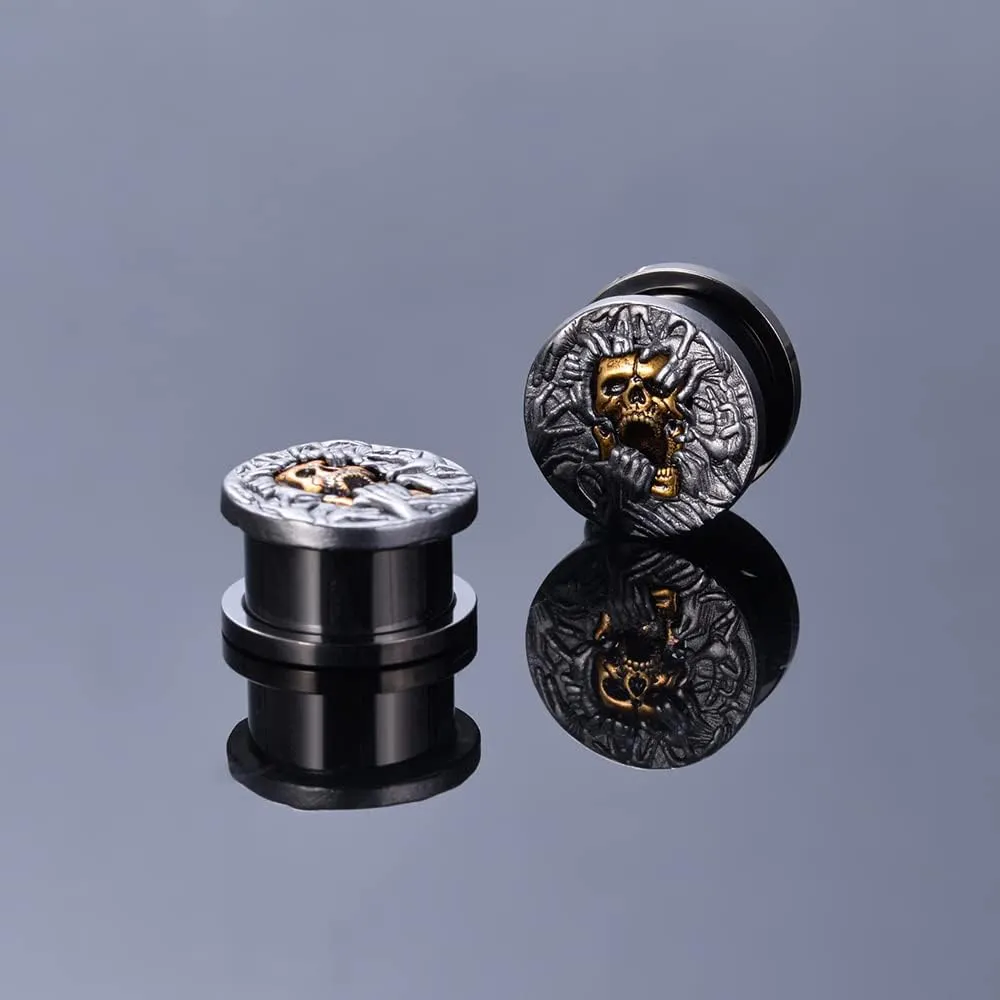 PUNKYOUTH 2PCS Cool Ear Gauges Gothic Skull Flesh Tunnels Screw Fit Plugs For Stretched Ears Expander Hanger Piercing Jewelry 0g to 1 inch