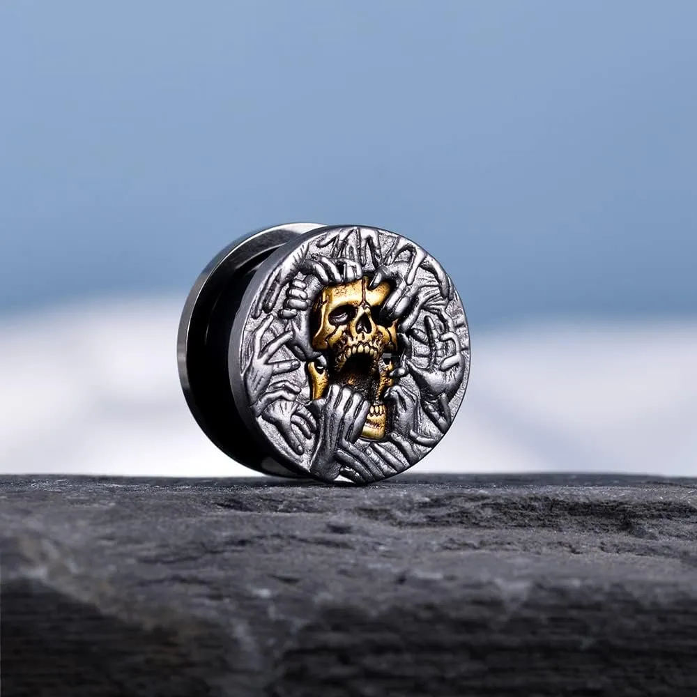 PUNKYOUTH 2PCS Cool Ear Gauges Gothic Skull Flesh Tunnels Screw Fit Plugs For Stretched Ears Expander Hanger Piercing Jewelry 0g to 1 inch