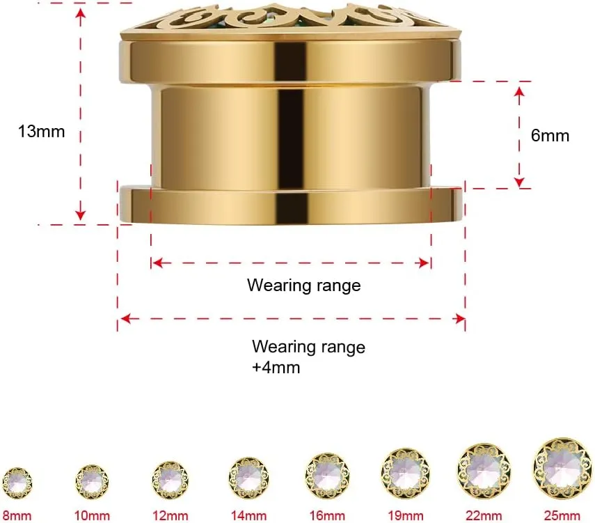 PUNKYOUTH 2PCS Surgical Steel 316L Gold Screw Fit Tunnels Elegant Ear Expander Stretcher Women Body Piercing Jewelry 8mm-25mm