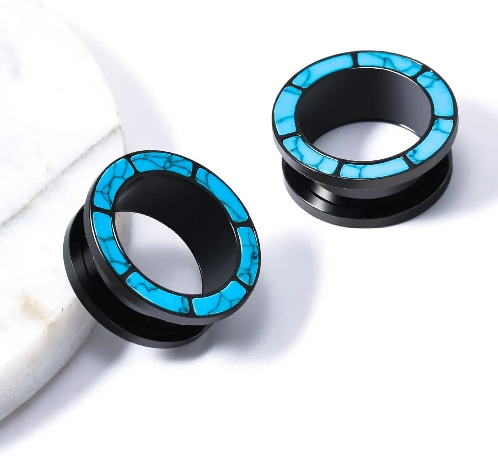 PUNKYOUTH Blue Turquoise Stainless Steel Ear Flesh Tunnels Screw Fit Ear Gauges Stretcher Expander Piercing Jewelry