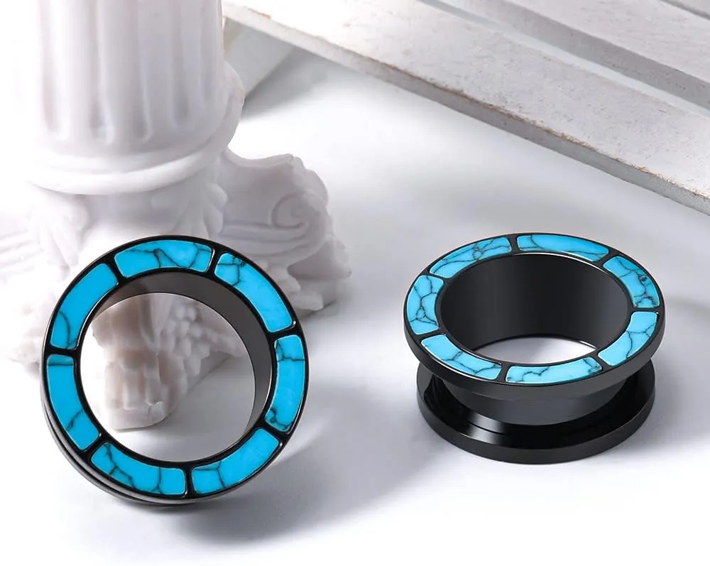 PUNKYOUTH Blue Turquoise Stainless Steel Ear Flesh Tunnels Screw Fit Ear Gauges Stretcher Expander Piercing Jewelry